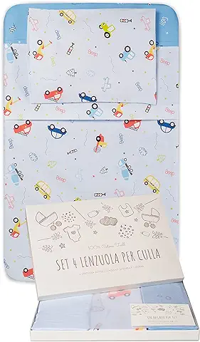 GOYSILA Sabanas Next2Me Chicco 4Piezas 100% Algodon Certificado Oeko-Tex Colchón 50x83cm 2 Sabana Bajera 1 Sabana Encimera 1 Funda de Almohada (Carros de Juguete)  