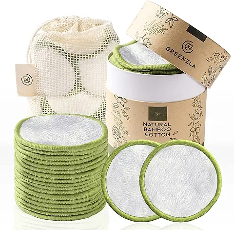 Greenzla Discos Desmaquillantes Reutilizables (20uds) con Bolsa de Lavandería Lavable y caja de Almacenamiento, Bambú Natural y Algodón Orgánico, Ecológicos  