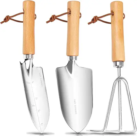 Grenebo 3 Piezas Herramientas de Jardinería Resistente a la Herrumbre Kit de Jardinería Incluye Paleta de Mano, Paleta de Trasplante y Rastrillo de Mano Cultivador con Mango de Madera  