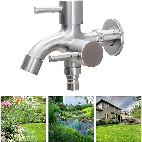 Grifo Doble de 1/2 Pulgada, Grifo para Lavadora de Acero Inoxidable Grifo Universal de Doble Salida de 1/2 Pulgada para Jardín, Lavadora, Barril de Lluvia  