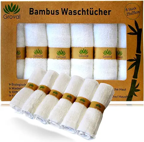 Groval® ️ Juego de 6 Paños de Bambú de 25 x 25 cm, Paños Desmaquillantes de Bambú, Extrasuaves, Reutilizables, Lavables, Fuertes, Veganos, Sostenibles, Adecuados para Baño, Cocina, Cuidado del Cuerpo  
