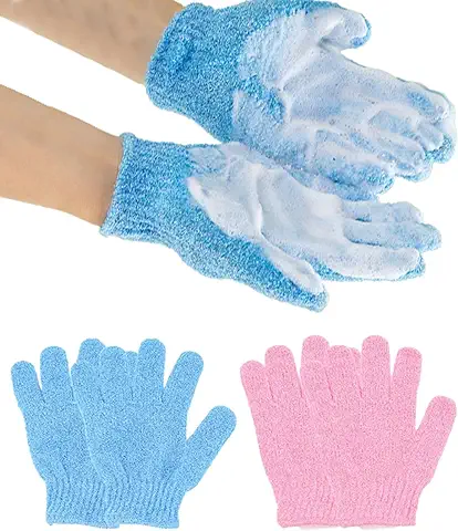Guante Exfoliante, Paquete de 4 Guantes de Lavado Exfoliantes para Exfoliar y Exfoliar el Cuerpo, Esponja de Baño Natural (azul, Rosa)  