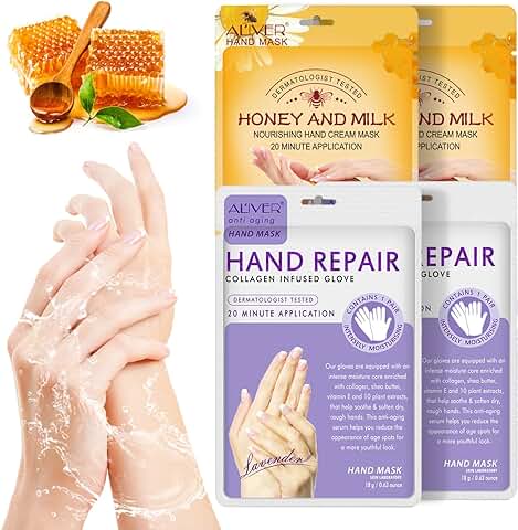Guantes Hidratantes Para Manos, 4 Pares de Máscara de Mano Hidratante Exfoliante de Miel &Lavanda con Suero y Vitaminas, Colágeno, Blanqueamiento y Antienvejecimiento, Reparación de Piel áspera  