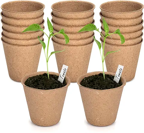 Gueche 120 Piezas Pequeñas Macetas de Semillas de Fibra Biodegradables para Plántulas, Ø 6 cm Macetas de Fibra con 120 Etiquetas de Plantas Macetas Biodegradables, Macetas de Fibra para Flores Plantas  
