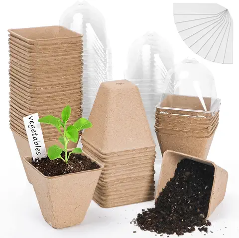 GUEQUITLEX Paquete de 50 Macetas de Vivero con Cúpula de Humedad de 3.2 Pulgadas, Macetas de Turba con Agujero de Drenaje, Iniciador de Semillas Biodegradables para Germinación de Plantas  