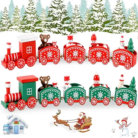 GUHAOOL 2 Piezas Pequeño Tren Navideño de Madera con 4 Vagónes Variados, Mini Tren Madera de Navidad, Tren de Navidad de Madera para Decoración Regalos Navideños Mesa Escaparate (Rojo+Verde)  