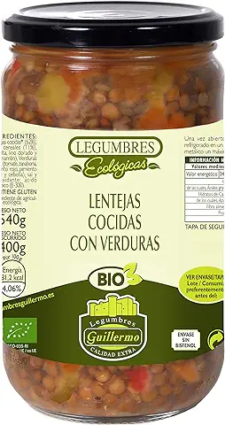 Guillermo | Lenteja BIO Cocida con Verduras - Tarro 540 g. | 100 Ecológica | Listo para Comer en Ensaladas, Guisos o Purés  