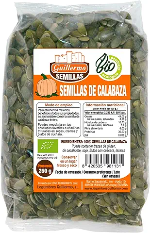 Guillermo | Pipas de Calabaza BIO - Paquete 250 g. | 100% Ecológicas | Semillas de Calabaza | Superalimento | Gran Cantidad de Minerales  