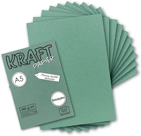 GUSTAV NEUSER Papel de Estraza Vintage, 50 Unidades, Color Verde Eucalipto, Formato DIN A5, 21 x 14,8 cm, Papel Reciclado Natural, Ecológico, para Tarjetas Individuales  