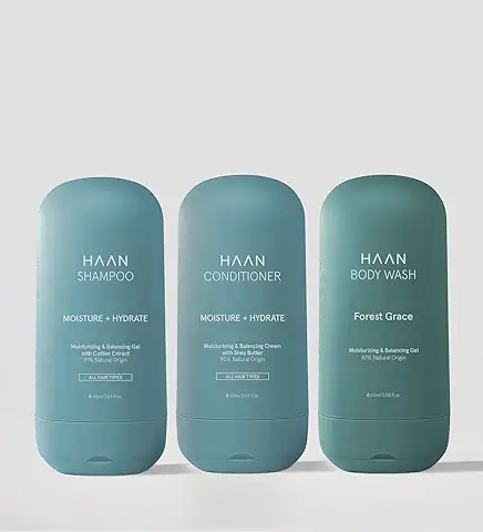 HAAN - Kit de Viaje The Quick Shower Trio de Cuidado e Higiene Personal en Tamaño Viaje - Rellenable y Vegano  