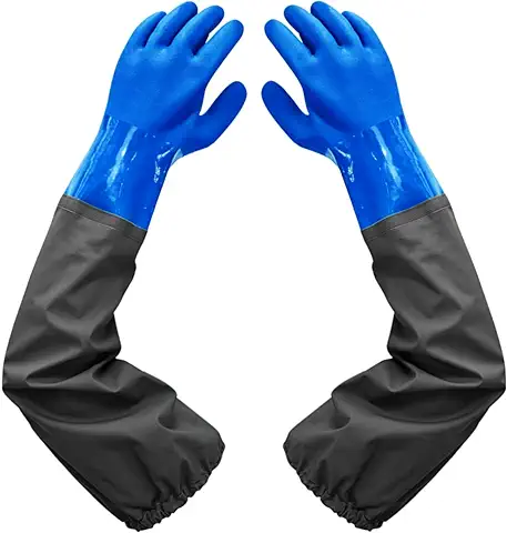 Haiou Guantes de Estanque, Guantes Largos de PVC de goma Impermeables con codo de Longitud, Guantes de Acuario, 25 Pulgadas, Color Azul, 65cm  