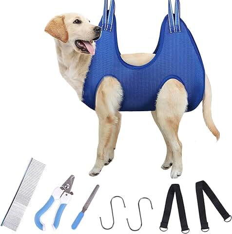 Hamaca de Aseo Multifuncional para Perros Gatos, Hamaca para el Cuidado de Mascotas para Perros Transpirable con Cortaúñas, Lima de Uñas, Peine para Gatos, Perros, Aseo, Recorte de Uñas, M, Azul  