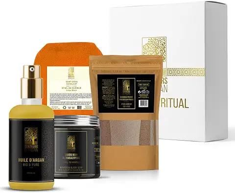 Hammam Ritual Box - Exfoliación con Jabón Negro con Eucalipto 200G - Guante de Exfoliación Corporal Kessa Hammam - Aceite de Argán Orgánico 30ml - Ghassoul en Polvo 100gr  