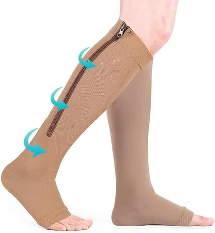 Haofy Calcetines de Compresión para Mujeres y Hombres, Medias de Compresión, sin Dedos, con Cremallera en la Pantorrilla, Calcetines de Compresión con Gradiente Médico de Compresión(L/XL-Piel)  
