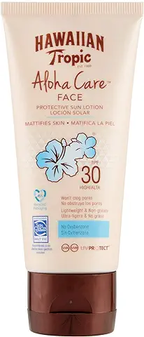 HAWAIIAN Tropic Aloha Care - Solar Fotoprotectora para la Cara Spf 30 Sin Oxibenzona, Protección Facial Sin Obstrucción de Poros, Sin Grasa y Matificante, Crema, 90 Mililitros  