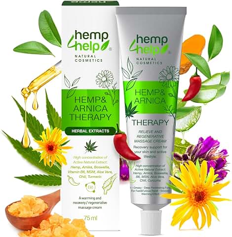 Hemp4Help®Crema de árnica de Cáñamo Extra Concentrada | Crema de Masaje y Terapia Contra el Dolor, la Inflamación, los Músculos Doloridos y la Hinchazón-Enriquecida con Cúrcuma, Vitamina B6 &Chilli  