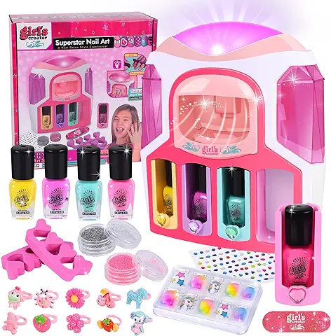 Herenear Set Manicura Niñas, Kit de Esmalte de Uñas a Base de Agua con 2 In 1 Secador de Uñas, Pintauñas, DIY Polvere Glitter, Anelli, Set Salón Manicura De Niñas Festa Regalo para Niñas 3-12  