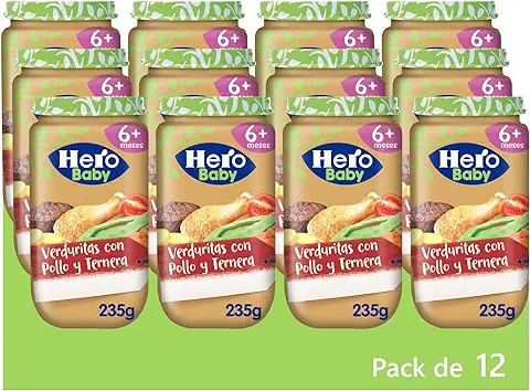Hero Baby Potitos de Verduritas Con Pollo y Ternera, Alimento Infantil para Bebés a Partir de los 6 Meses, 100% Ingredientes Naturales, Sin Aceite de Palma, Almidón, ni Sal Añadida - 12 x 235 g  