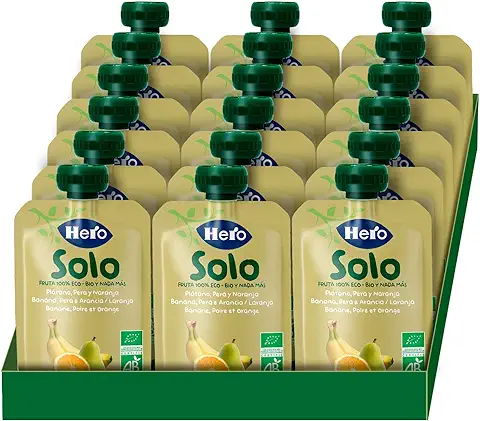 Hero Solo Bolsitas Ecológicas de Plátano, Pera y Naranja - Para Bebés a Partir de los 4 Meses - Pack de 18 x 100 g  