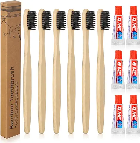 Hestya Set de 6 Cepillos de Dientes Desechables con Pastas de Dientes Cepillo de Dientes de Bambú de Embalaje Individual Mini Pasta Dental de Tamaño Viaje para Hotel Enfermería (Negro)  