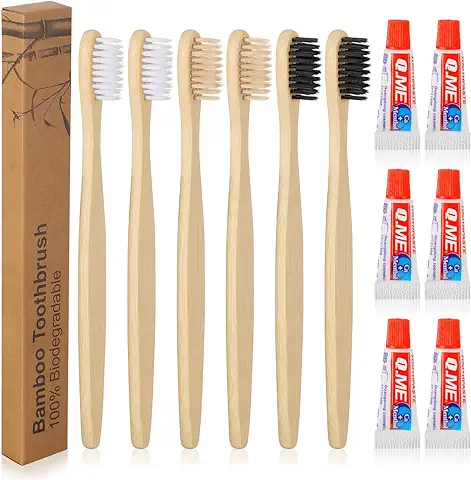 Hestya Set de 6 Cepillos de Dientes Desechables con Pastas de Dientes Cepillo de Dientes de Bambú de Embalaje Individual Mini Pasta Dental de Tamaño Viaje para Hotel Enfermería (Blanco, Negro, Beige)  