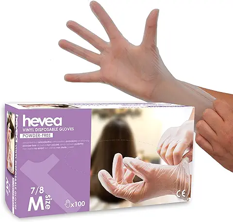 Hevea - Guantes Desechables de Vinilo. Sin Talco ni Látex. Caja de 100 Guantes. Talla M (mediana), Transparente  