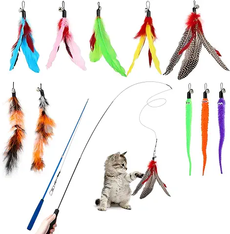Hianjoo Juguete Pluma de Gato Interactivo 12 Piezas, 2 Varitas Divertidas Retráctiles y 10 Teaser de Plumas de Repuesto con Campana para Gatito Receptor Que se Divierte Jugando al Ejercicio  