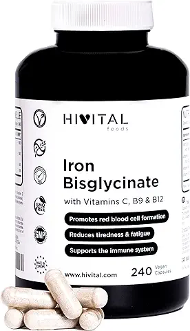 Hierro 14 mg. 240 Cápsulas Veganas para 8 Meses. Bisglicinato de Hierro con Vitamina C, Ácido Fólico y Vitamina B12 que Ayuda a la Formación de Glóbulos Rojos, al Sistema Inmune y a Mejorar la Energía  