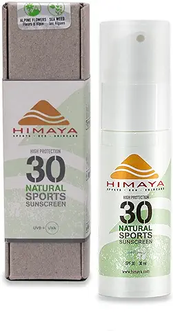 HIMAYA Natural Crema Solar Eco Sports | Impermeable a Prueba de Sudor | Naturales| Seguro para Arrecifes | Protección UVA UVB | sin Nanocinc | Crema Solar Recargable Ecológica (SPF30, 30ml)  