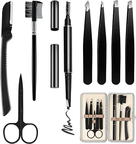 HOCOSY 8 Piezas Kit de Cejas con Tijeras, Lapiz, Pinzas de Depilar, Navaja, Peine, Recortador para Mujeres y Hombres, Negro  