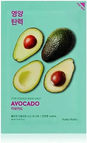 Holika Holika Mascarilla Facial Hidratante. Ampoule Mask Sheet Avocado. Aguacate. Translúcido. 23 ml. Nutritiva y Reafirmante. con Ácido Hialurónico. Calmante. Piel Elástica.  