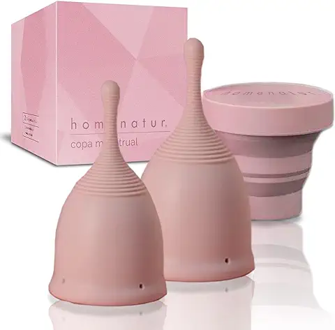 HOMENATUR Copa Menstrual - Set 2 Copas Menstruales Tallas S y L y Esterilizador Plegable - Silicona Grado Médico Certificada - Reutilizable, Cómoda y Segura - Multifuncional, Dormir, Trabajo o Deporte  