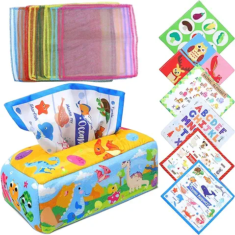 Homgtay Juguetes Montessori Bebé, Juguetes Sensoriales Dinosaurio Caja de Tela con Colores, Texturas, Números, Letras, Animales, Frutas, Juguetes para Bebés a Partir de 6 7 8 9 10 Meses  