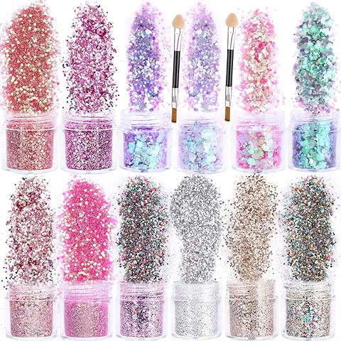 HOWAF 12 Colores Purpurinas Polvo con 2 Piezas Cepillo, Holográficas Brillantes Polvo Lentejuelas for Uñas Cara Cabello Cuerpo, 3D Nail Art Purpurina Manualidades Uñas Glitter Maquillaje Accesorios  