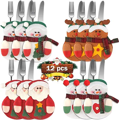 HUHUDAY 12 PCS Bolsita para Cubiertos de Navidad, Santa Claus Adornos Navidad, Papa Noel Cubiertos Tenedores Bolsas para Decoración Navidad Cena Mesa, Decoracion Navidad Hogar, Natal Decoração  