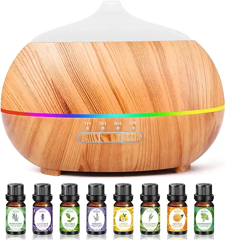 Humidificador Difusor de Aromas: 500ML Difusor de Aromaterapia con 8 x 10ml Aceites Esenciales Silencioso, Ultrasónico con 7 Colores de Luces LED para Hogar Yoga - Amarillo  