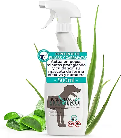 Hundepflege24 Repelente Anti Pulgas y Garrapatas en Spray para Perro y Gato 500ml - Protección Natural Duradera y Muy Eficaz Contra Garrapatas, Pulgas, Piojos, Mosquitos, Moscas y ácaros  