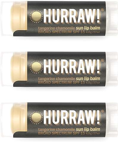 Hurraw! Bálsamo Labial Sun -Protección Solar SPF 15- Mandarina y Manzanilla, Pack de 3: Orgánico, Vegano Certificado, Cruelty Free y Sin Gluten. 100% Ingredientes Naturales. Sin Abejas, Soja ni Palma.  