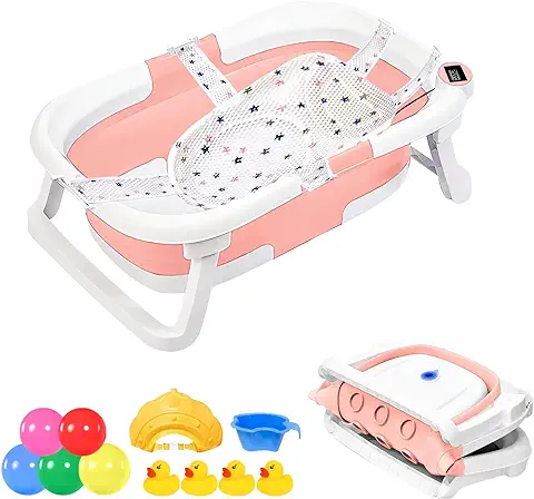 HyAdierTech Bañera Plegable Bebé,Bañera de Bebé Plegable con Sensor de Temperatura,Tina para Bebe, Bañera de Ducha Portátil Antideslizante con Cojín,adecuada para Bebés de 0 a 36 Meses (pink)  