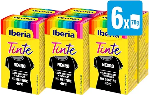 Iberia - Tinte para Ropa Color Negro, Color Brillante y Duradero, no Destiñe, Incluye Cubeta con Fijador y Dos Sobres de Tinte, Apto para Teñir en Lavadora y a Mano - Pack 6 x 70 gr  