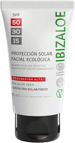 IBIZALOE Protección Solar SPF 50. 50ml. Con Filtro Solar Físico Ecológico. Biodegradable. Protege las Radiaciones Solares más Intensas. Hidrata en Profundidad. Recomendado para Pieles Sensibles.  
