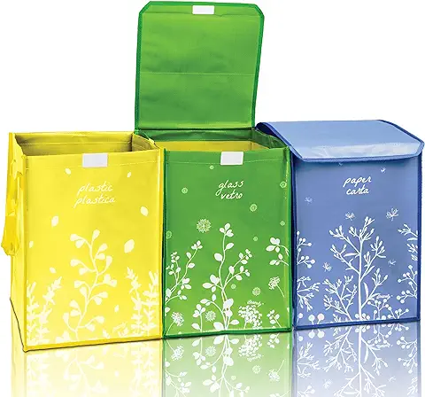 iBoscoly Juego de 3 Cubos de Basura y Reciclaje con Tapa - Contenedor de Basura Residuos y Reciclaje - Fáciles de Vaciar (Edición en Color)