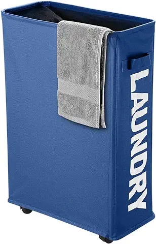 IHOMAGIC Cesto para la Colada Delgada Sobre Rueda, Cesta de Lavandería Rectangular Práctica Plegable Colector de Ropa Sucia para el Hogar, Cocina, Dormitorio, Hotel, Viaje 35-40L, 600D, Azul Oscuro  