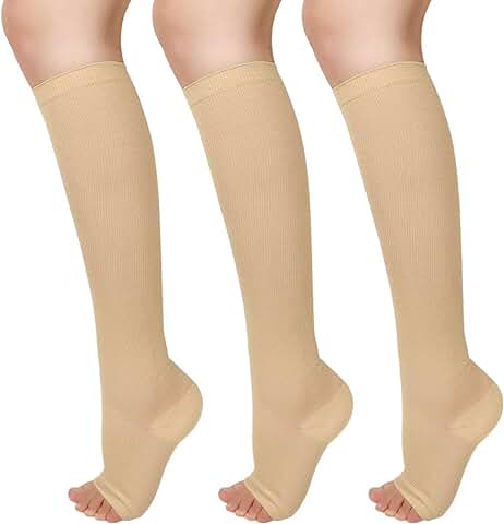 Ikfashoni 3 Pares de Medias de Compresión para Hombre y Mujer, Medicinales, Hasta la Rodilla, sin Punta, Color Beige, para Trombosis, Medias de Apoyo para Varices Graduados, Circulación de la Circulación  