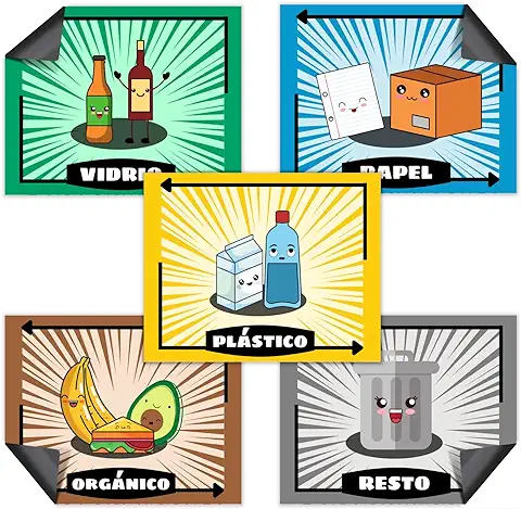 Imanes Adhesivos de Reciclaje con Dibujos Kawaii de Colores - Set de 5 Pegatinas Magnéticas para Cubos de Basura Metálicos - Tamaño Grande y Español - Reciclar Vidrio, Plástico, Orgánico, Papel  