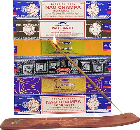 Incienso Nag Champa Pack 72 Sticks + Quemador Incienso – Aromaterapia - Limpieza Energética de Ambientes: Palo Santo – Lavanda – Sándalo – Agarbatti – Super Hit (Pack 6)  