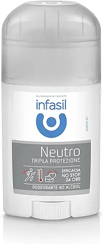 Infasil Desodorante Stick Neutro Triple Protección, eficaz contra el sudor y los malos olores, sin alcohol, 40 ml
