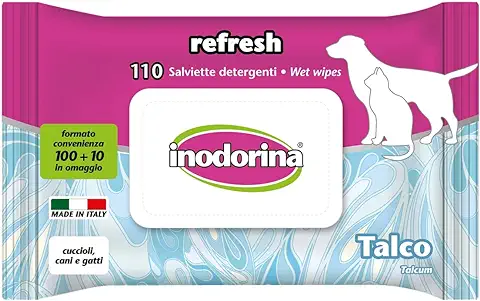 Inodorina Toallitas Desinfectantes para Perros y Gatos Talco (110 Unidades). Toallitas Húmedas de Higiene para Mascotas, Tejido Resistente Sin Alcohol., Azul  