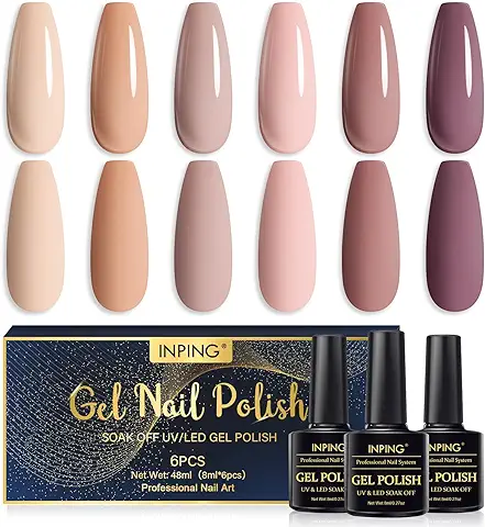 INPING Esmalte de Uñas de Gel Desnudo Semipermanente, 6 Color Desnudo Natural Gel Marrón Desnudo Albaricoque Beige Marrón Oscuro Semipermanente UV para kit Otoño Invierno DIY 8ML  