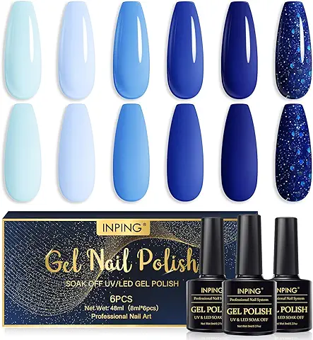 INPING Esmalte Semipermanente de Uñas, 6 Color Primavera Verano Azul Serie Pintauñas Gel, Azul Tibetano Azul Cielo Brillante Duradero Semipermanente en Gel Regalos para Casa Salón de Manicura DIY